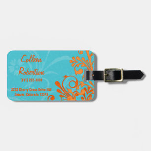 Aqua Blue Orange Abstract Floral Personalised Luggage Tag