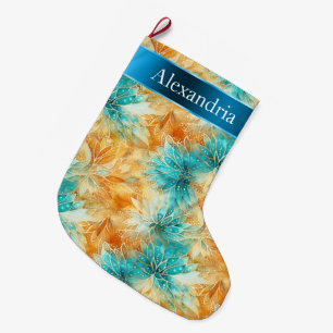 Aqua Blue Orange Floral Christmas Name Large Christmas Stocking