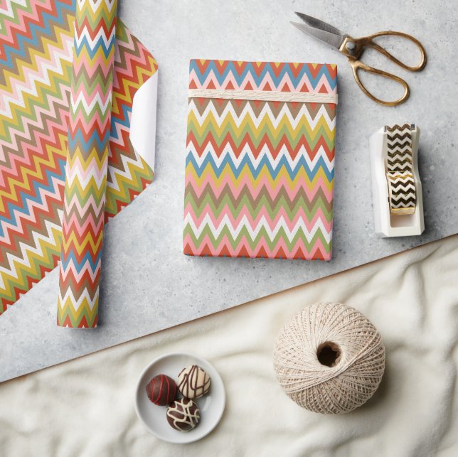 Aqua Blue Orange Pink Red Lime Green Zigzag Art Wrapping Paper (Crafts)