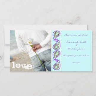 Aqua Blue Paisley Save the Date with Your Photo