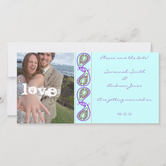 Aqua Blue Paisley Save the Date with Your Photo (Front)