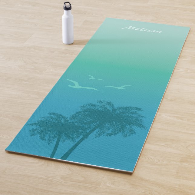 Aqua Blue Palm Trees And Birds Tropical Summer Yoga Mat (In Situ)