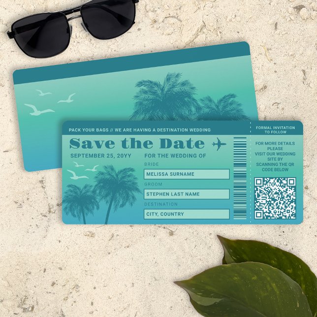 Aqua Blue Palms Faux Boarding Pass Save The Date Invitation (Creator Uploaded)