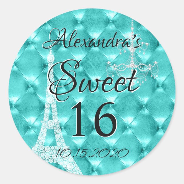 Aqua Blue Paris Sweet Sixteen Birthday Party Classic Round Sticker (Front)