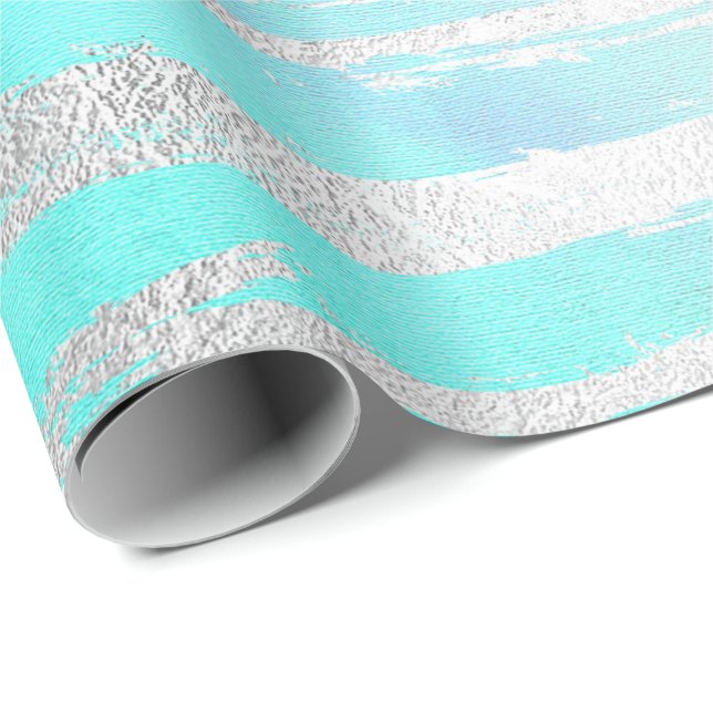 Aqua Blue Pastel Silver Strokes Watercolor Wrapping Paper (Roll Corner)