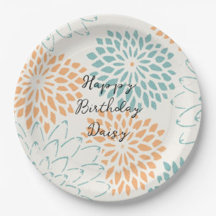 Aqua Blue Peach White Floral Birthday Paper Plate
