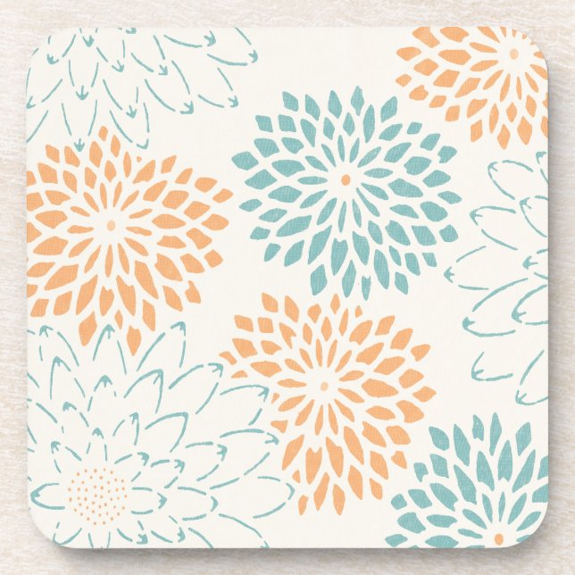 Aqua Blue Peach White Floral Coaster (Front)