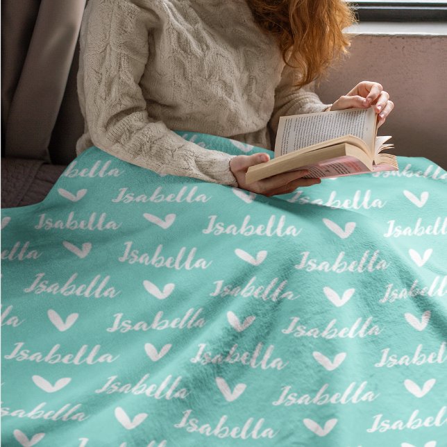 Aqua Blue Personalised Name Blanket with Hearts (Creator Uploaded)