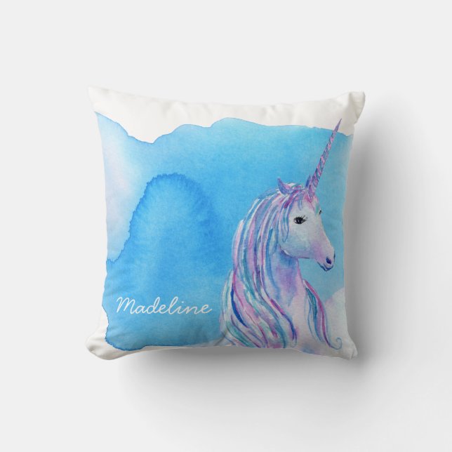 Aqua Blue Personalised Watercolor Unicorn Cushion (Front)