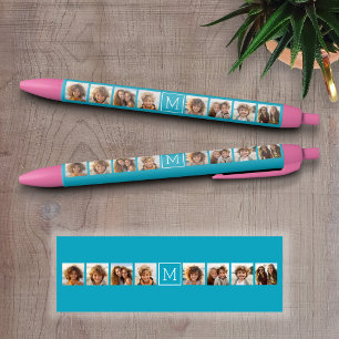 Aqua Blue Photo Collage Custom Monogram Black Ink Pen