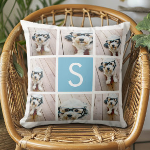 Aqua Blue Photo Collage Custom Monogram Cushion