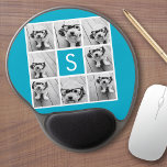 Aqua Blue Photo Collage Custom Monogram Gel Mouse Mat<br><div class="desc">You can use Instagram photos for this design. Use 8 square photos to create a unique and personal gift. Or you can keep the hipster puppy and make a trendy keepsake. If you need to adjust the pictures,  click on the customise tool to make changes.</div>