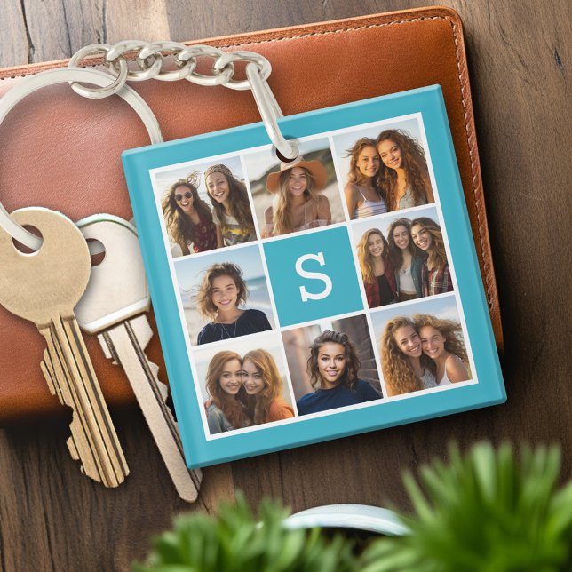 Aqua Blue Photo Collage Custom Monogram Key Ring (Personalized keychain with photo collage and monogram)