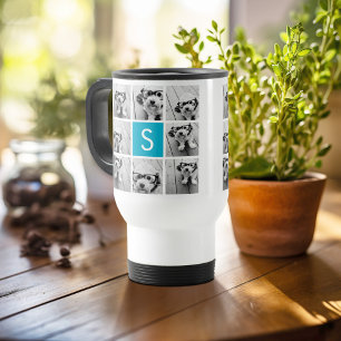 Aqua Blue Photo Collage Custom Monogram Travel Mug