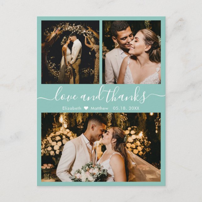 Aqua Blue Photo Collage Wedding Thank You Postcard (Front)