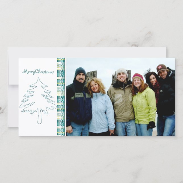 Aqua Blue Pine Tree & Snowflake Merry Christmas Holiday Card (Front)