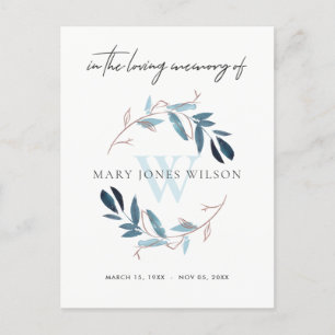 AQUA BLUE PINK FOLIAGE WREATH MEMORIAL THANK YOU INVITATION POSTCARD