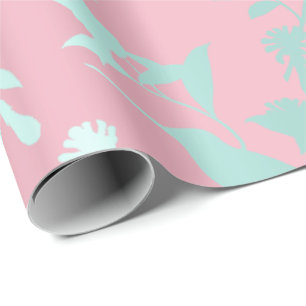 Aqua Blue Pink Hummingbird Flowers Wrapping Paper
