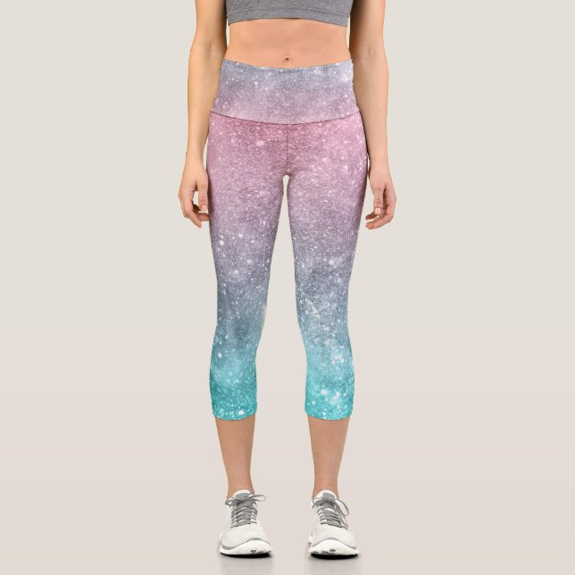 Aqua blue Pink ombre sea galaxy abstract Capri Leggings (Front)