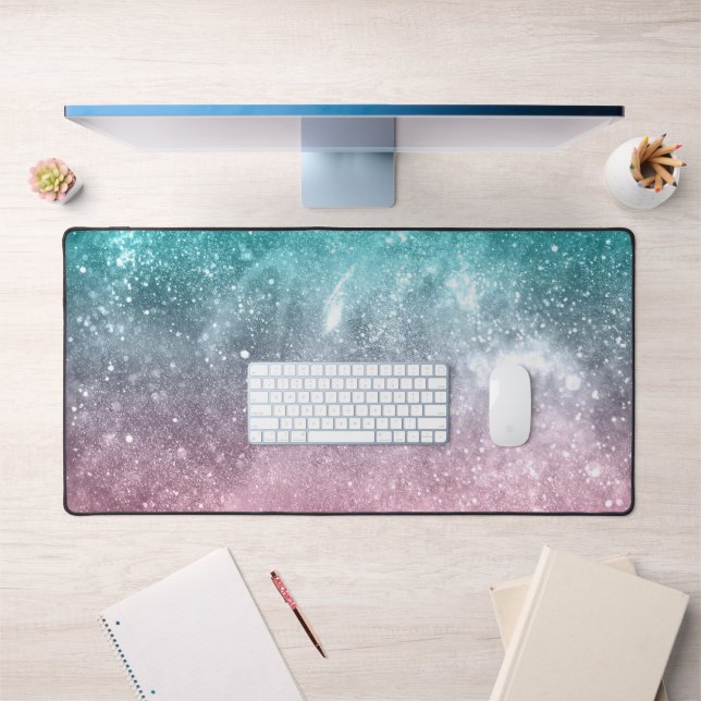 Aqua blue Pink ombre sea galaxy abstract Desk Mat (Office 1)