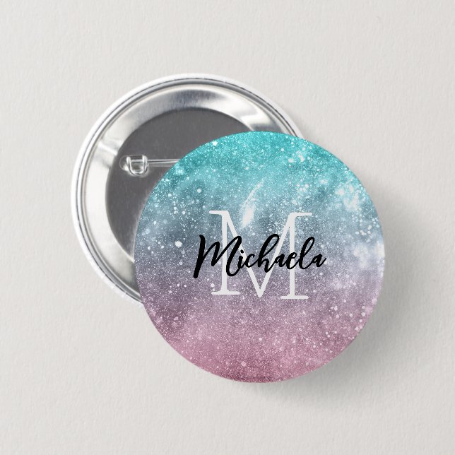 Aqua blue Pink ombre sea galaxy abstract Monogram 6 Cm Round Badge (Front & Back)