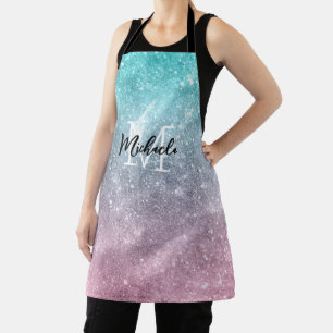 Aqua blue Pink ombre sea galaxy abstract Monogram Apron