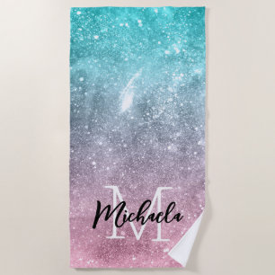 Aqua blue Pink ombre sea galaxy abstract Monogram Beach Towel