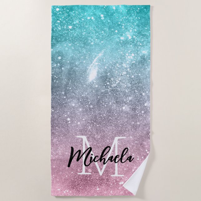 Aqua blue Pink ombre sea galaxy abstract Monogram Beach Towel (Front)