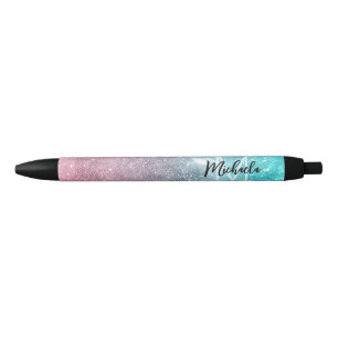 Aqua blue Pink ombre sea galaxy abstract Monogram Black Ink Pen