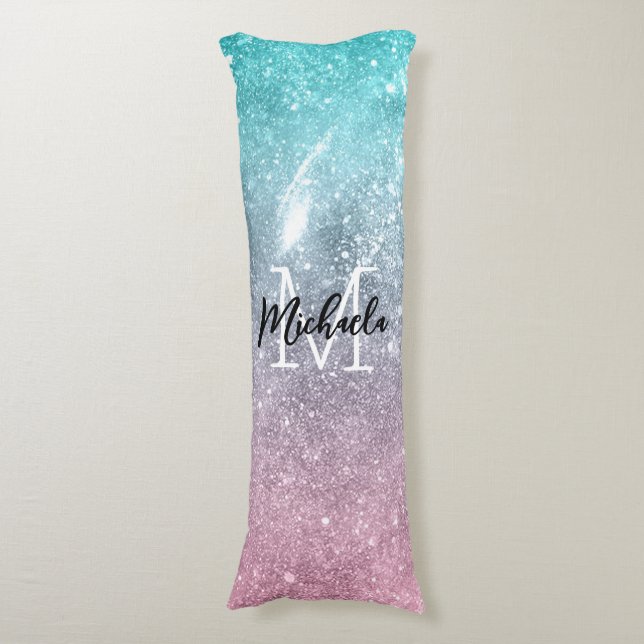 Aqua blue Pink ombre sea galaxy abstract Monogram Body Cushion (Front Vertical)