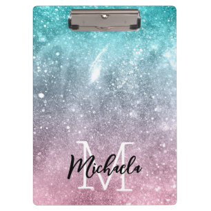Aqua blue Pink ombre sea galaxy abstract Monogram Clipboard
