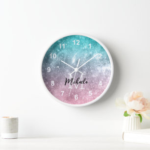Aqua blue Pink ombre sea galaxy abstract Monogram Clock