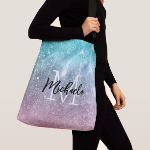 Aqua blue Pink ombre sea galaxy abstract Monogram Crossbody Bag