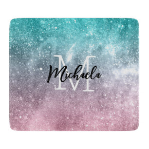 Aqua blue Pink ombre sea galaxy abstract Monogram Cutting Board