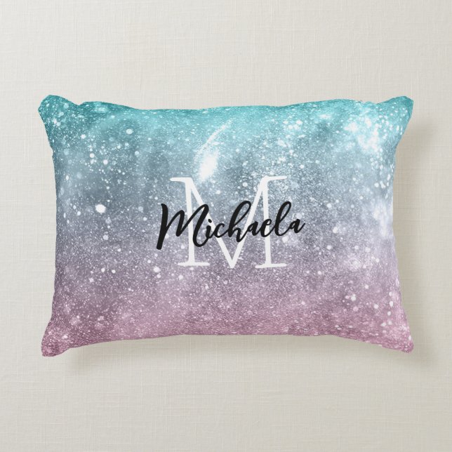 Aqua blue Pink ombre sea galaxy abstract Monogram Decorative Cushion (Front)