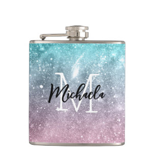 Aqua blue Pink ombre sea galaxy abstract Monogram Hip Flask