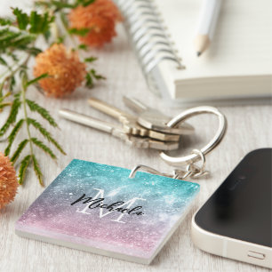 Aqua blue Pink ombre sea galaxy abstract Monogram Key Ring