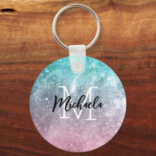 Aqua blue Pink ombre sea galaxy abstract Monogram Key Ring