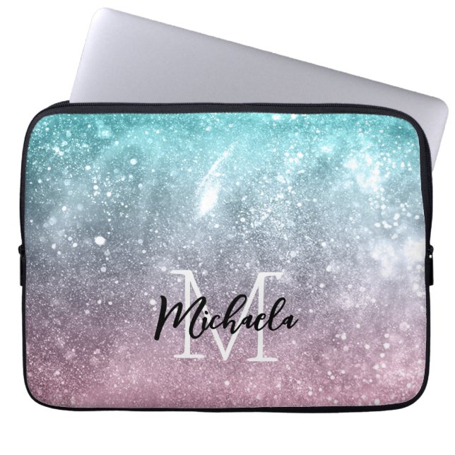 Aqua blue Pink ombre sea galaxy abstract Monogram Laptop Sleeve (Front)