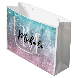 Aqua blue Pink ombre sea galaxy abstract Monogram Large Gift Bag