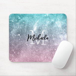 Aqua blue Pink ombre sea galaxy abstract Monogram Mouse Mat