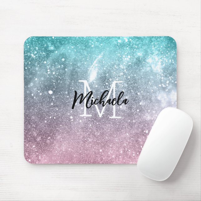 Aqua blue Pink ombre sea galaxy abstract Monogram Mouse Mat (With Mouse)