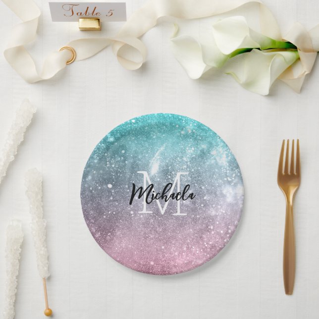 Aqua blue Pink ombre sea galaxy abstract Monogram Paper Plate (Wedding)