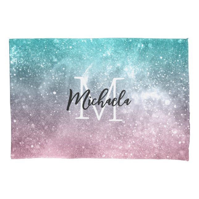 Aqua blue Pink ombre sea galaxy abstract Monogram Pillowcase (Front)