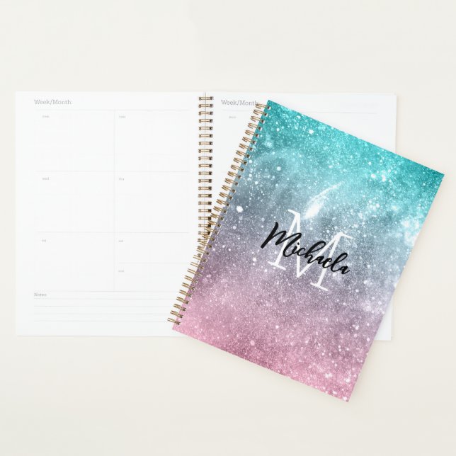 Aqua blue Pink ombre sea galaxy abstract Monogram Planner (Display)