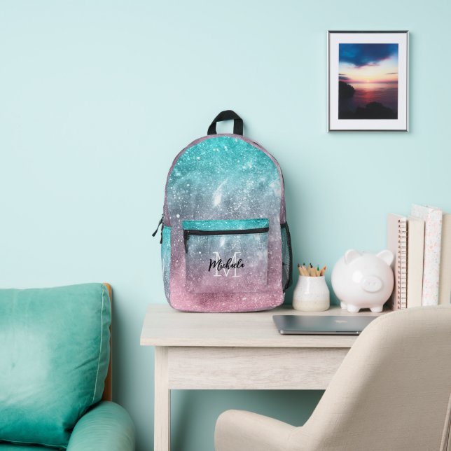 Aqua blue Pink ombre sea galaxy abstract Monogram Printed Backpack (Insitu)