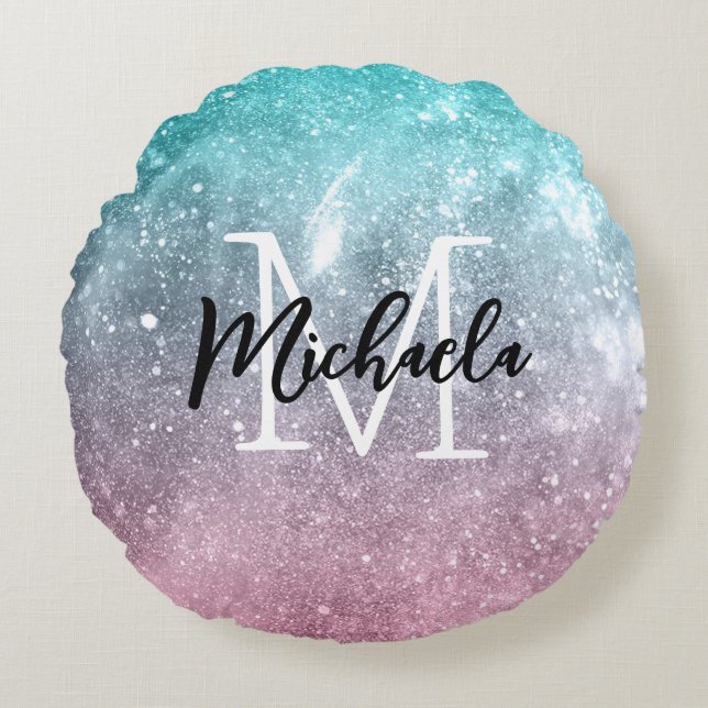 Aqua blue Pink ombre sea galaxy abstract Monogram Round Cushion (Front)