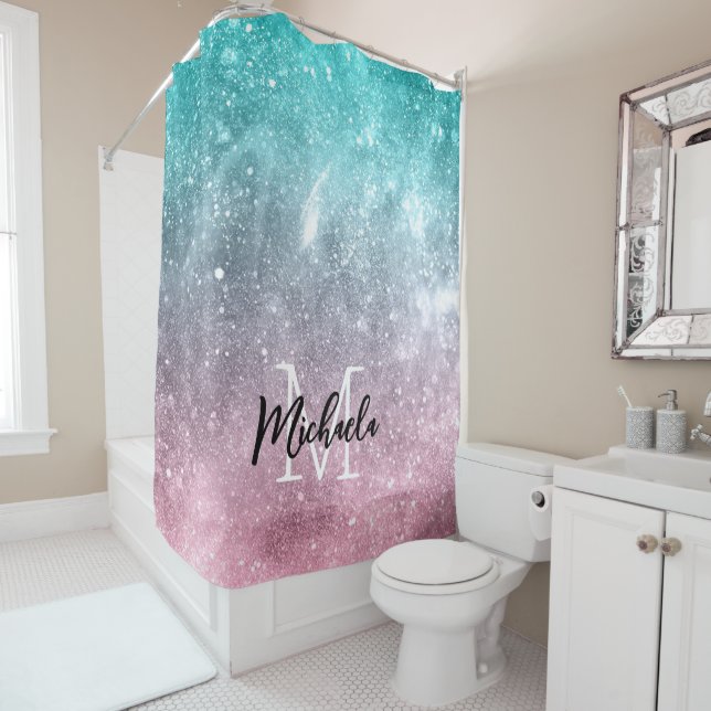 Aqua blue Pink ombre sea galaxy abstract Monogram Shower Curtain (In Situ)