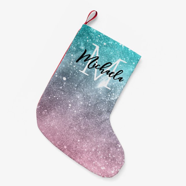 Aqua blue Pink ombre sea galaxy abstract Monogram Small Christmas Stocking (Front (Hanging))