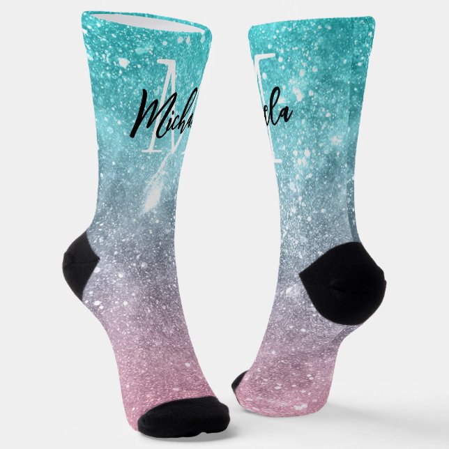 Aqua blue Pink ombre sea galaxy abstract Monogram Socks (Angled)